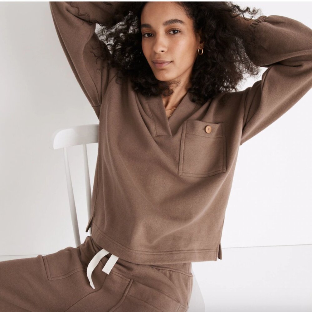 Madewell Cotton-Hemp Henley Hoodie Sweatshirt